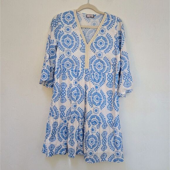 SAIPH Santorini Mini Dress Cotton Bell Sleeves Blue White Size L Italy - Picture 2 of 5